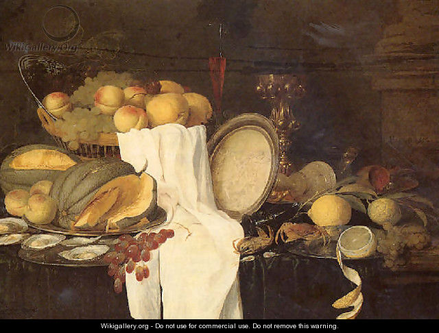 Still life of melons, grapes, oysters, crab and lemons on pewter plates, with a basket of fruit, wineglasses and a gilt cup - Andries Benedetti