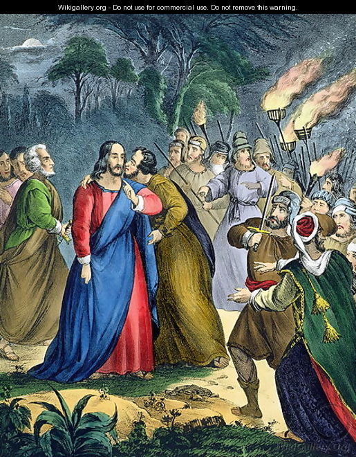 Judas Betrays his Master, from a bible, 1870