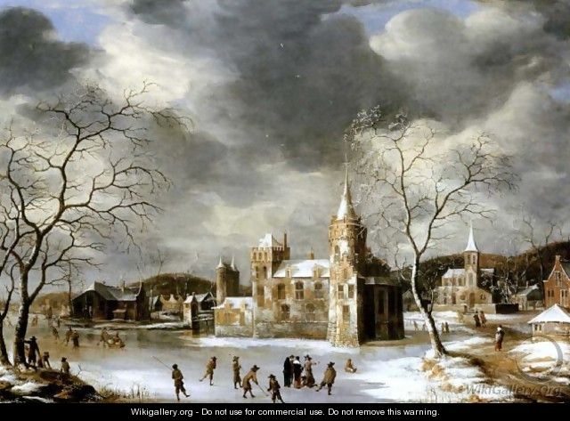 A castle on a frozen lake with skaters - Abraham Beerstraten