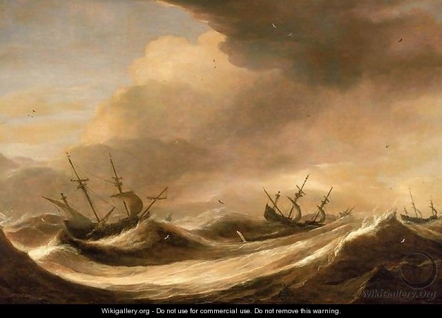 Ships in a Heavy Sea Running Before a Storm c. 1640 - Pieter the Elder Mulier