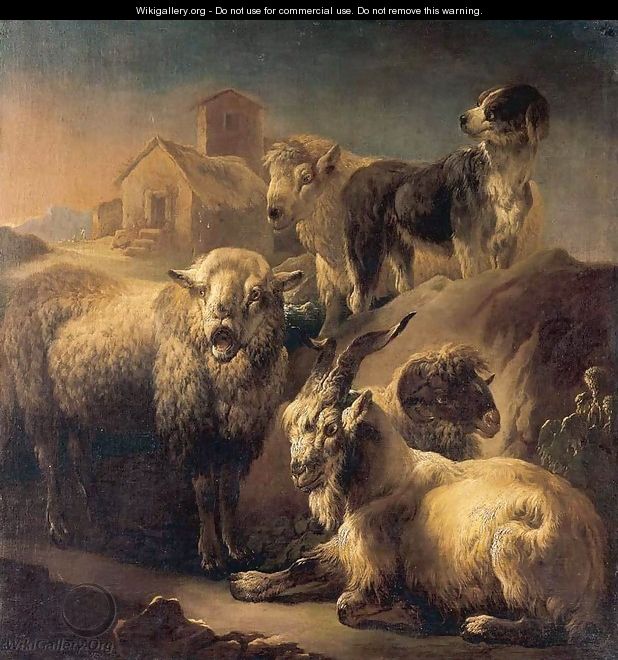 A Goat, Sheep and a Dog Resting in a Landscape - Philipp Peter Roos