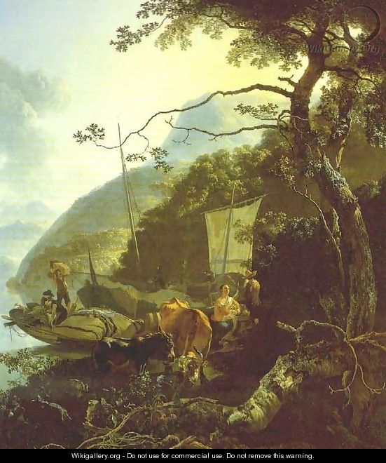 Boatmen Moored on the Shore of an Italian Lake 1668 - Adam Pynacker