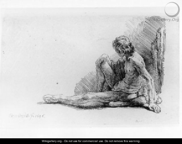 Nude Man Seated on the Ground with One Leg Extended - Rembrandt Van Rijn