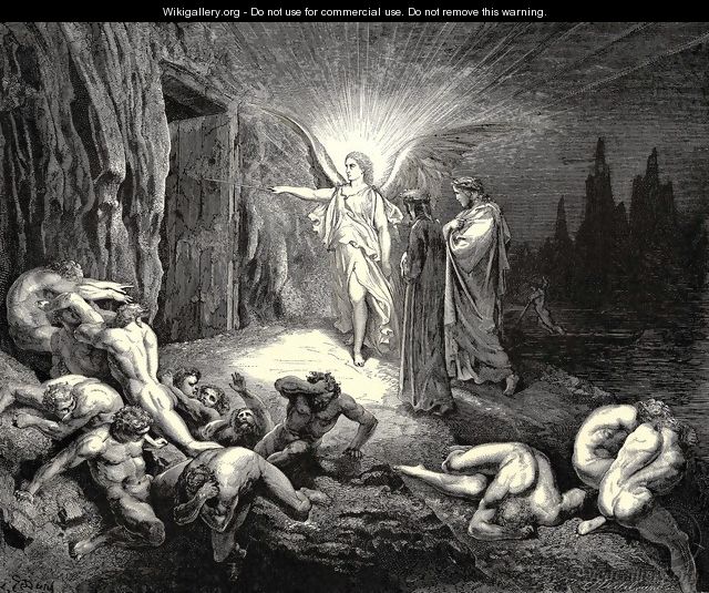 The Inferno, Canto 9, lines 87-89: To the gate He came, and with his wand touchd it, whereat Open without impediment it flew. - Gustave Dore
