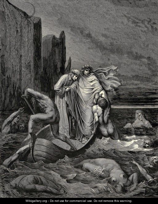 The Inferno, Canto 8, lines 39-41: My teacher sage Aware, thrusting him back: Away! down there To the other dogs! - Gustave Dore