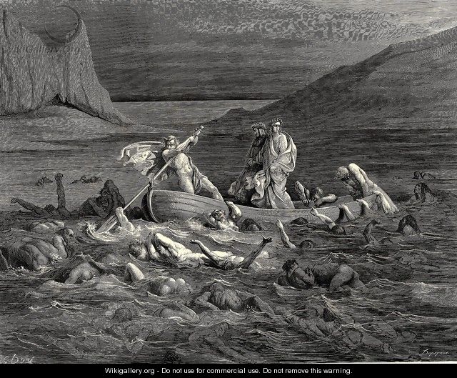 The Inferno, Canto 8, lines 27-29: Soon as both embarkd, Cutting the waves, goes on the ancient prow, More deeply than with others it is wont. - Gustave Dore