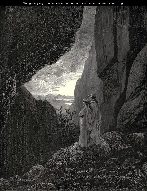 The Inferno, Canto 34, lines 127-129: By that hidden way My guide and I did enter, to return To the fair world - Gustave Dore