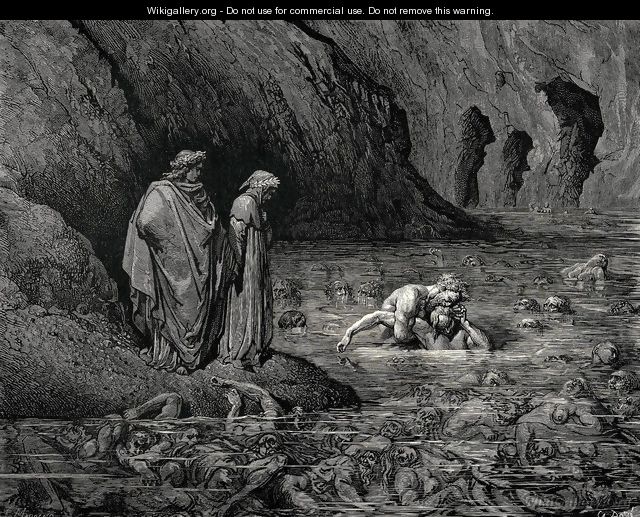 The Inferno, Canto 32, lines 127-129: Not more furiously On Menalippus temples Tydeus gnawd, Than on that skull and on its garbage he. - Gustave Dore