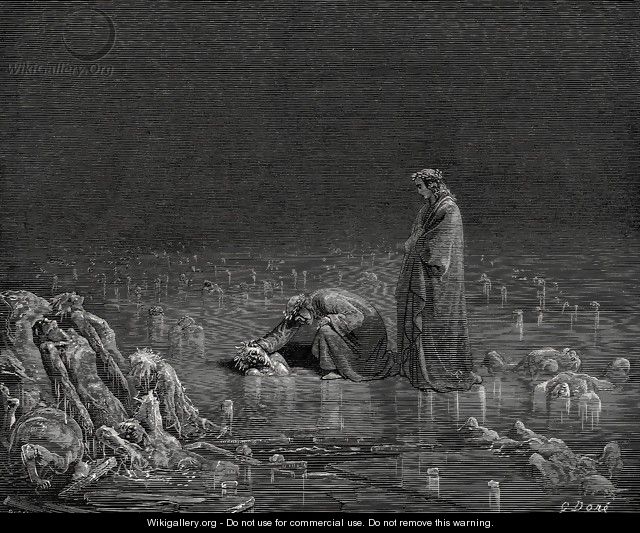The Inferno, Canto 32, lines 97-98: Then seizing on his hinder scalp, I cried: Name thee, or not a hair shall tarry here. - Gustave Dore