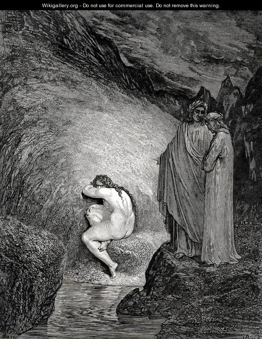 The Inferno, Canto 30, lines 38-39:  That is the ancient soul Of wretched Myrrha, - Gustave Dore