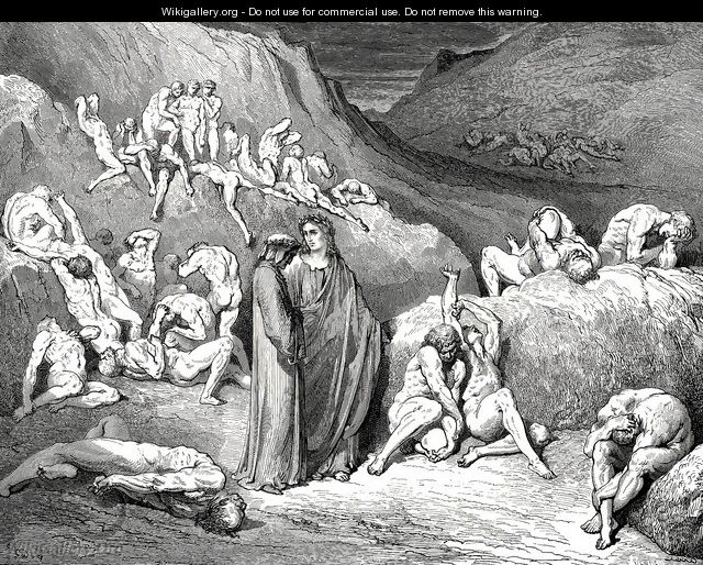 The Inferno, Canto 29, lines 79-81: The crust Came drawn from underneath in flakes, like scales Scrapd from the bream or fish of broader mail. - Gustave Dore