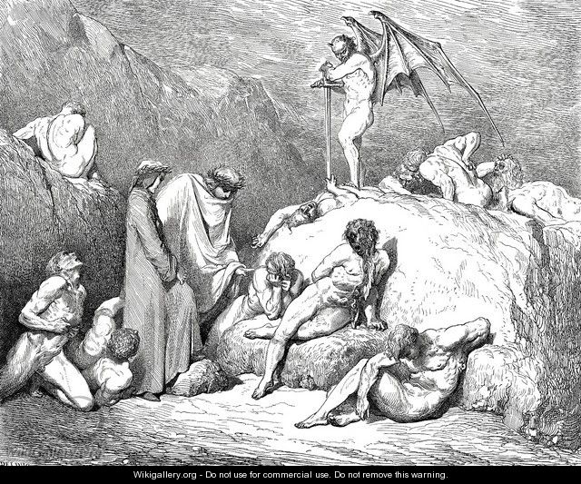The Inferno, Canto 28, lines 69-72: call thou to mind Piero of Medicina, if again Returning, thou beholdst the pleasant land That from Vercelli slopes to Mercabo - Gustave Dore