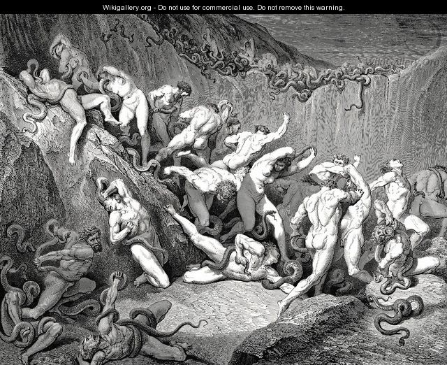 The Inferno, Canto 24, lines 89-92: Amid this dread exuberance of woe Ran naked spirits wingd with horrid fear, Nor hope had they of crevice where to hide, Or heliotrope to charm them out of view. - Gustave Dore