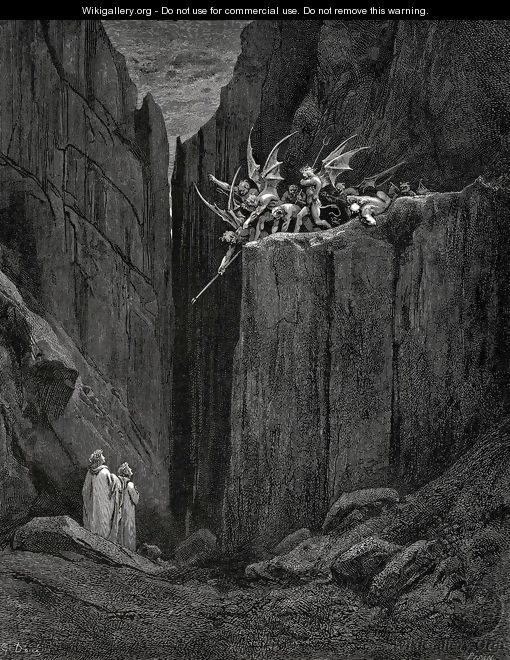 The Inferno, Canto 23, lines 52-54: Scarcely had his feet Reachd to the lowest of the bed beneath, When over us the steep they reachd - Gustave Dore