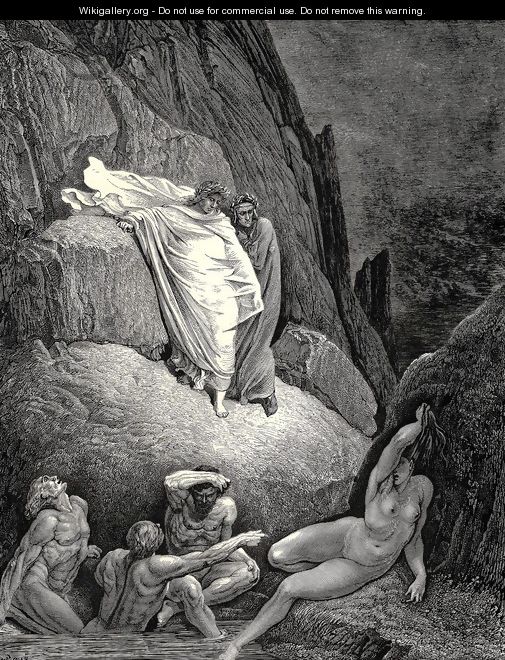 The Inferno, Canto 18, lines 130-132: Thais is this, the harlot, whose false lip Answerd her doting paramour that askd, Thankest me much! - Gustave Dore