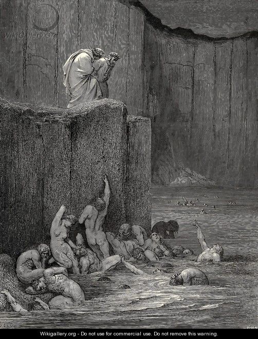 The Inferno, Canto 18, lines 116-117: Why greedily thus bendest more on me, Than on these other filthy ones, thy ken? - Gustave Dore