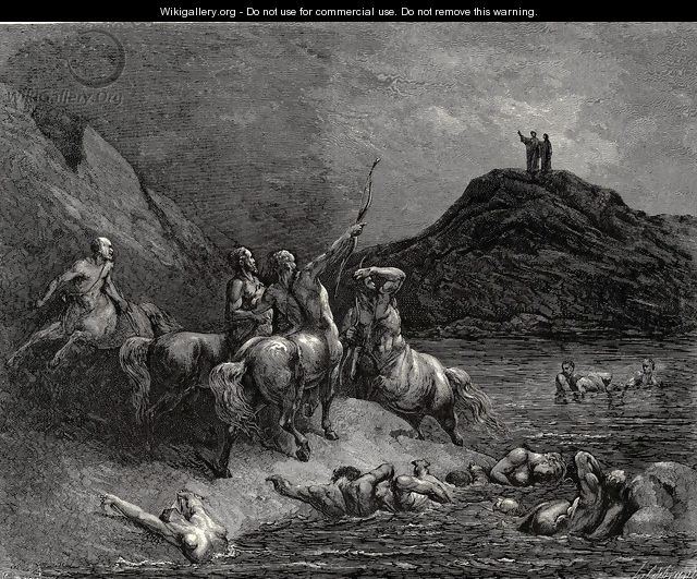 The Inferno, Canto 12, lines 38-39: One cried from far: Say to what pain ye come Condemnd, who down this steep have journied? - Gustave Dore