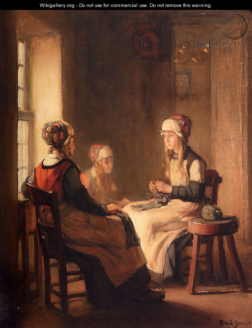 A Interior With Marken Girls Knitting - Claude Joseph Bail
