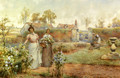 A Lady And Her Maid Picking Chrysanthemums - Alfred Glendening
