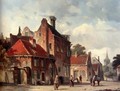 View Of a Town With Figures In A Sunlit Street - Adrianus Eversen