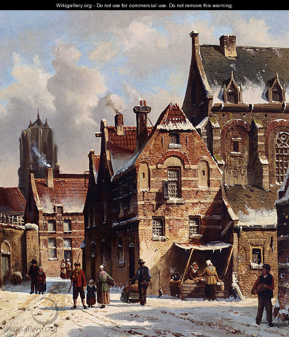Figures In The Streets Of A Wintry Town - Adrianus Eversen