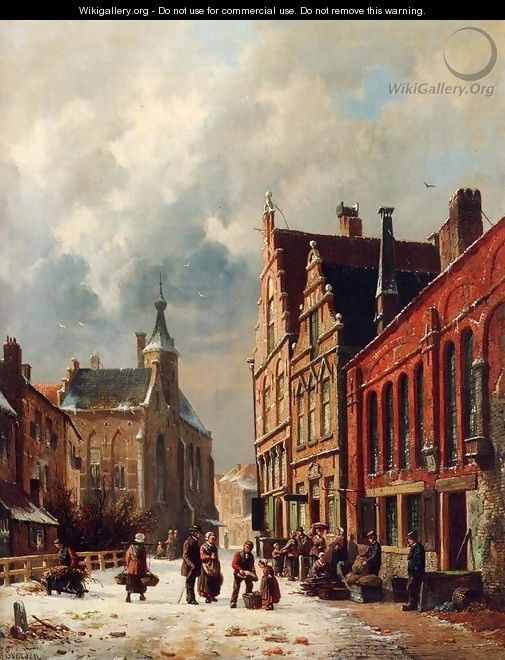 A View In A Town In Winter - Adrianus Eversen