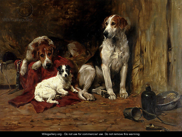 Hounds And A Jack Russell In A Stable - John Emms