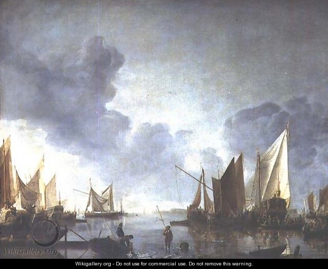 A calm, with a dignitary heralded in a state barge and fishermen in the foreground - Jan Van De Capelle