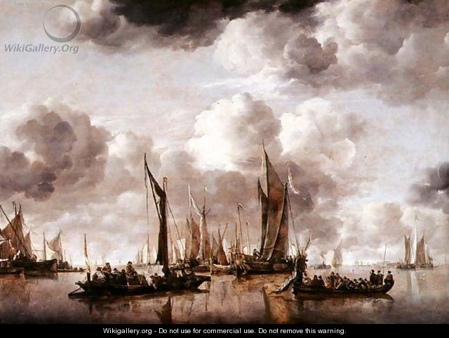 A Dutch Yacht Firing a Salute as a Barge Pulls Away, 1650 - Jan Van De Capelle