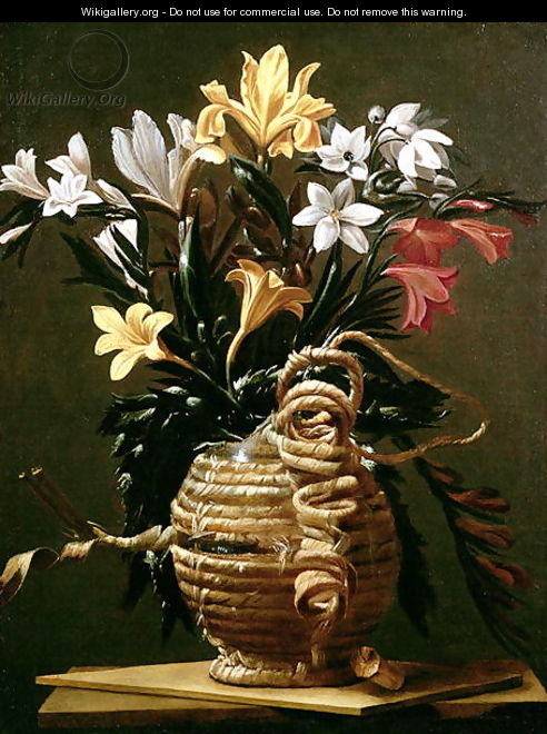 Still Life of Flowers in a straw-covered Flask - Guido Cagnacci