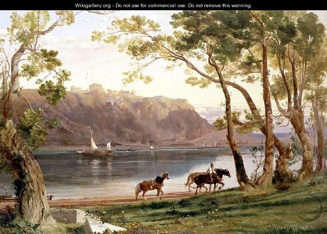 River landscape with barge horses, 1860 - Frederick Lee Bridell