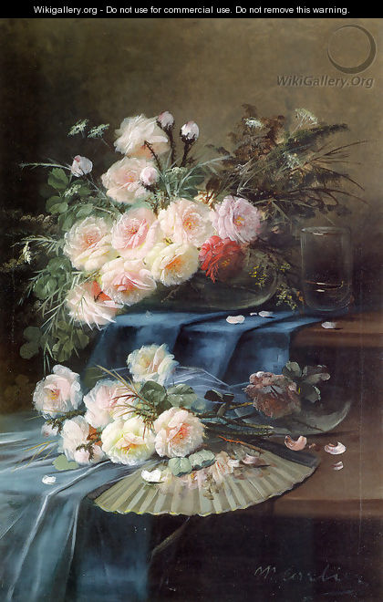 Flowers, Fan and a Glass on Draped Table - Max Carlier