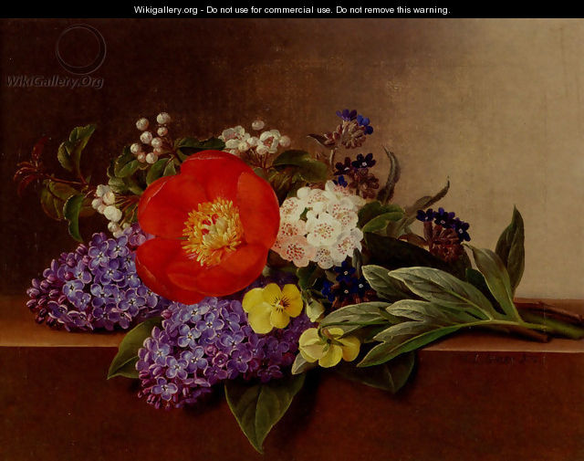 Lilacs, Violets, Pansies, Hawthorn Cuttings, And Peonies On A Marble Ledge - Johan Laurentz Jensen
