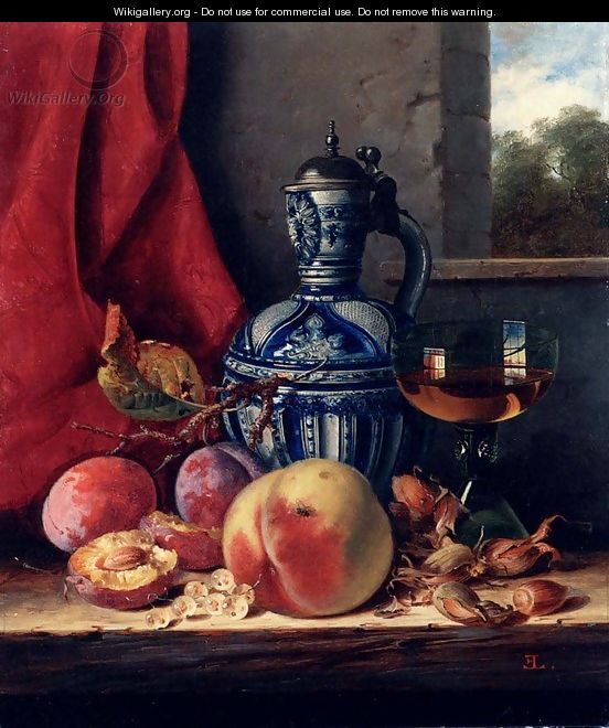 Still Life with Peaches, Whitecurrants, Hazelnuts, a Glass and a Stoneware Jug on a wooden Ledge with a Landscape beyond - Edward Ladell