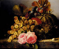 Still Life With A Birds Nest, Roses, A Melon And Grapes - Edward Ladell