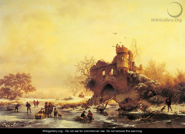 Winter Landscape with Skaters on a Frozen River beside Castle Ruins - Frederik Marianus Kruseman