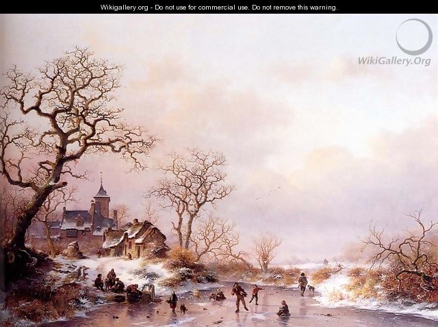 Winter: townsfolk skating on a frozen waterway near a fortified mansion at dusk - Frederik Marianus Kruseman
