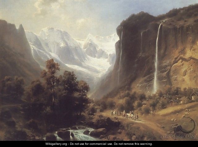 Travellers on a Mountainous Path by the Staubachfall Near Lauterbrunnen - Heinrich Hofer