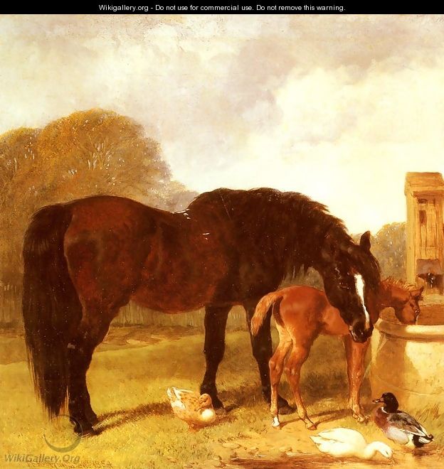 Horse and Foal watering at a trough - John Frederick Herring Snr