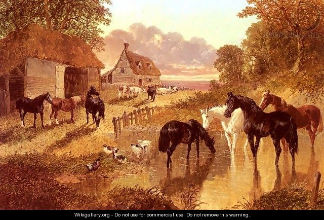 The Evening Hour - Horses And Cattle By A Stream At Sunset - John Frederick Herring Snr