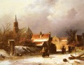 Figures on a Snow Covered Path with a Dutch Town beyond - Charles Henri Joseph Leickert