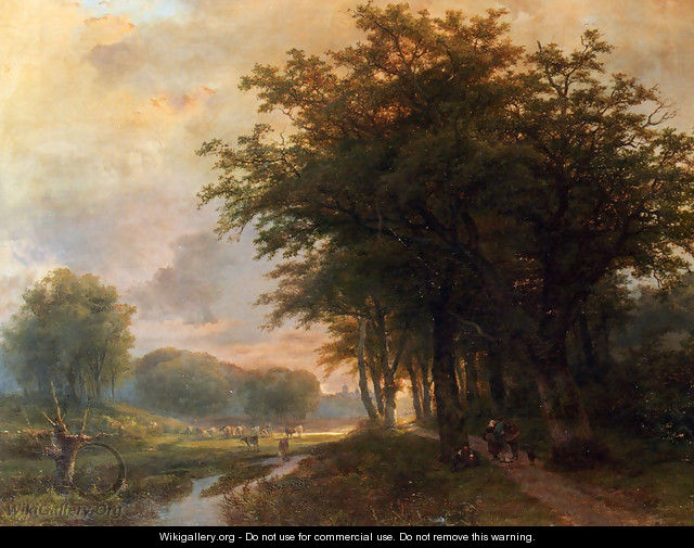 A Wooded River Valley With Peasants On A Path, Cattle In A Meadow Beyond - Johann Bernard Klombeck