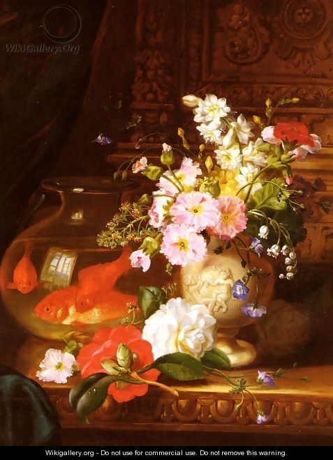 Still Life With Camellias, Primroses And Lily Of The Valley In An Urn By A Goldfish Bowl - John Wainwright