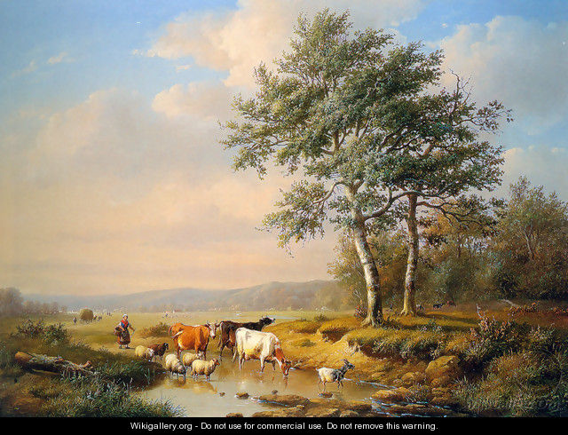 An Extensive Landscape with Cattle Watering - Louis Pierre Verwee