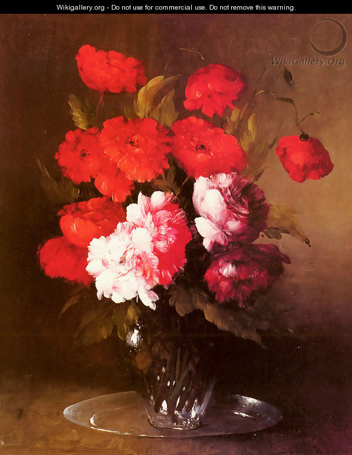 Pink Peonies and Poppies in a Glass Vase - Germain Theodure Clement Ribot