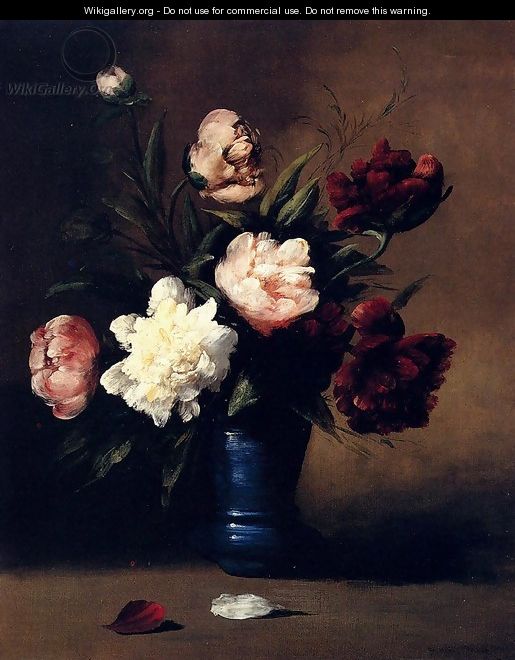 Peonies In A Blue Vase - Germain Theodure Clement Ribot