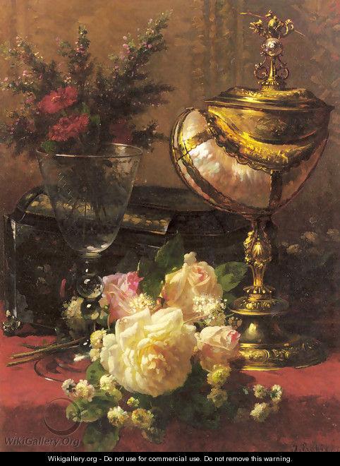 A Bouquet of Roses and other Flowers in a Glass Goblet with a Chinese Lacquer Box and a Nautilus Cup on a red Velvet draped Table - Jean-Baptiste Robie
