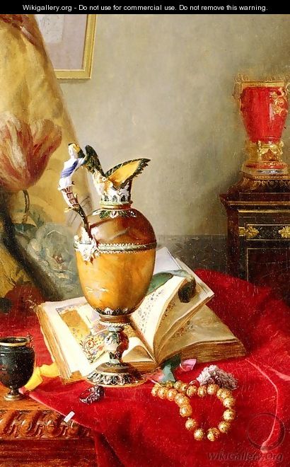 A Still Life With Urns And Illuminated Manuscript On A Draped Table - Blaise Alexandre Desgoffe