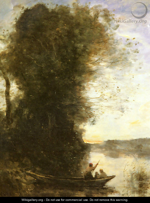 Le Batelier Quittant La Rive Avec Une Femme Et Un Enfant Assis Dans Sa Barque, Soleil Couchant - Jean-Baptiste-Camille Corot