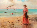 Jeune femme a l'ombrelle rouge au bord de la mer - Alfred Stevens